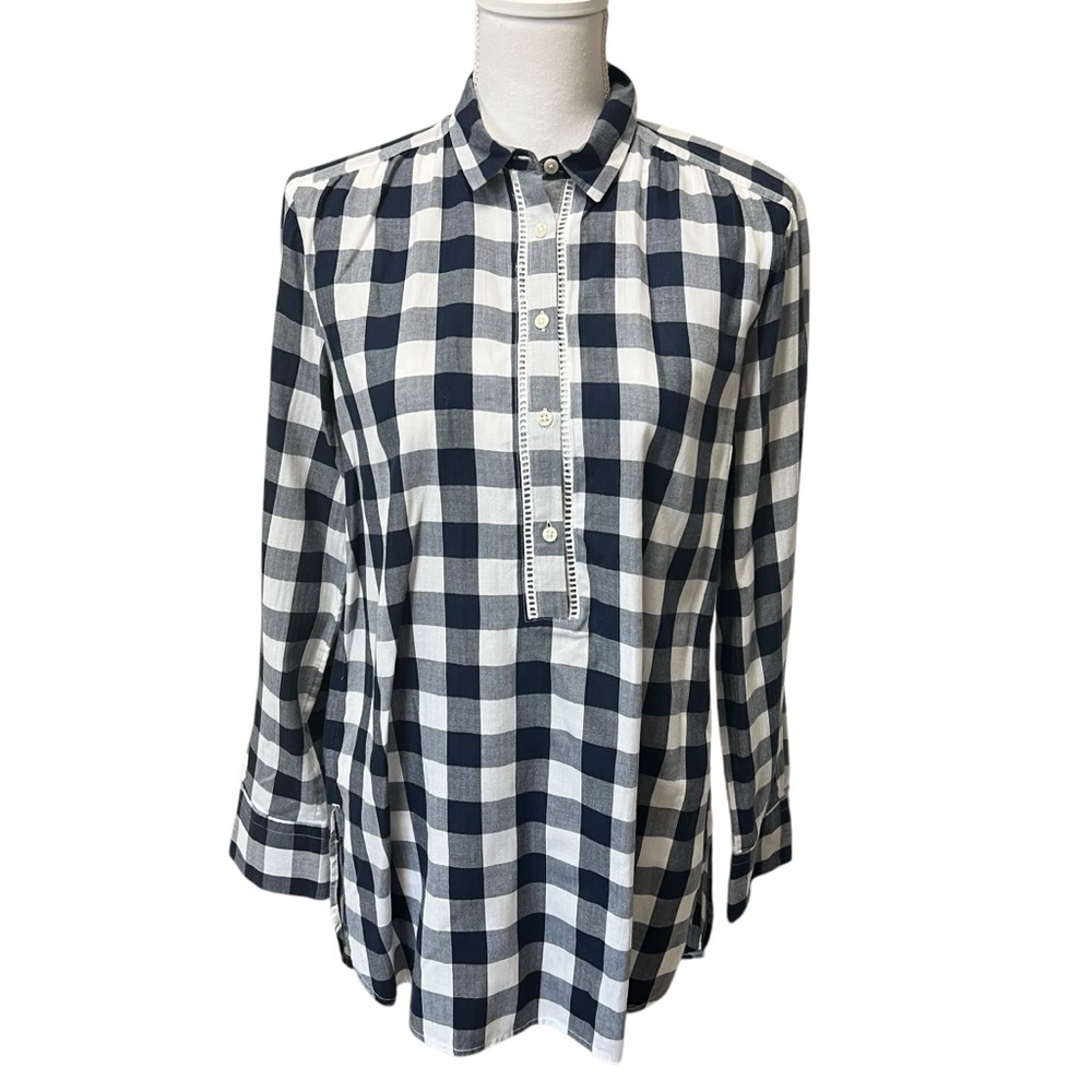 LOFT Gingham Plaid Popover Cotton Tunic Top Navy & White Women’s Size Small